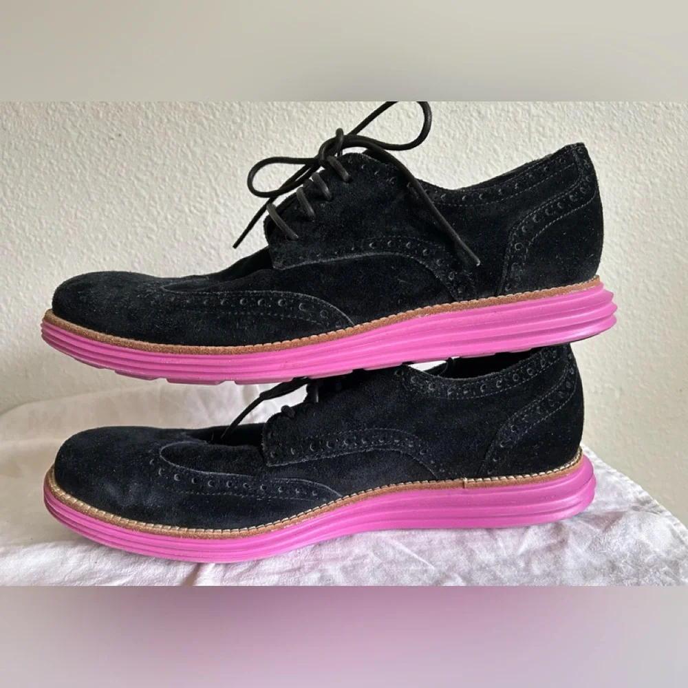 COLE HAAN Mens Lunargrand Pink Black Genuine Leather Suede Wingtip Shoes Sz 11.5 - Picture 4 of 8